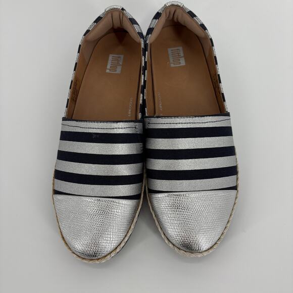 FitFlop Women Dahlia Metallic Stripe Espadrille Shoe Size 7 Slip On Blue Silver - Picture 2 of 6